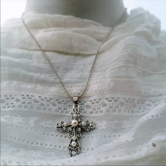 Beautiful Cross w/Crystals & Faux Pearls, NWT. - Picture 2 of 3
